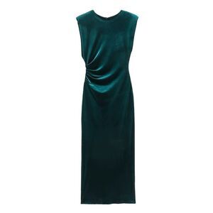 Zara Womens Green Velvet Sleeveless Draped Crewneck Slit Back Maxi Dress Size XS